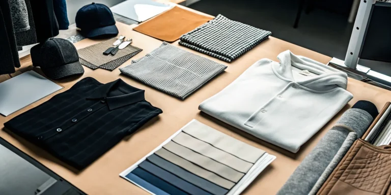 Premium custom apparel for business with branded polos, hoodies, caps, and fabric samples