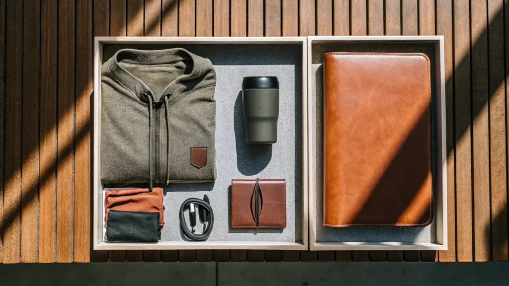 Curated employee swag program welcome kit on an office desk
