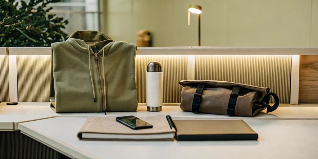 Professional onboarding welcome kit on a clean desk with branded hoodie, notebook, water bottle, and tech accessories