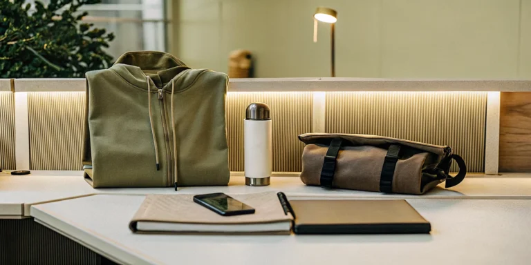 Professional onboarding welcome kit on a clean desk with branded hoodie, notebook, water bottle, and tech accessories