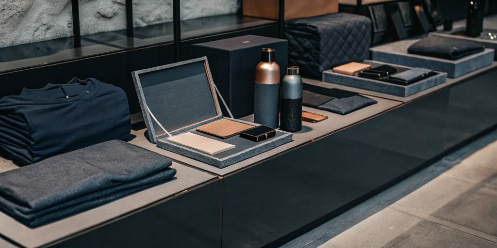 Professional branded merchandise display with custom apparel, drinkware, and tech accessories on a modern surface