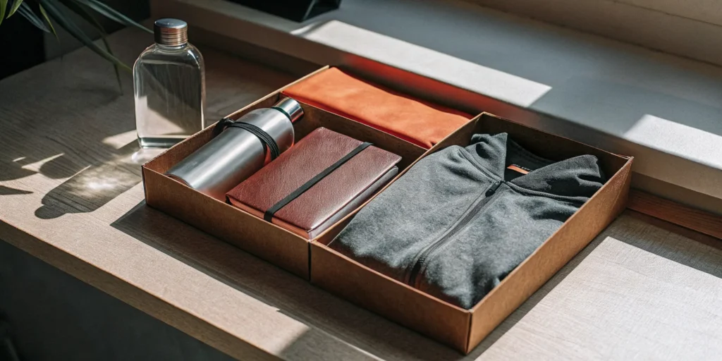 Custom corporate swag box and branded products representing an enterprise company store platform.