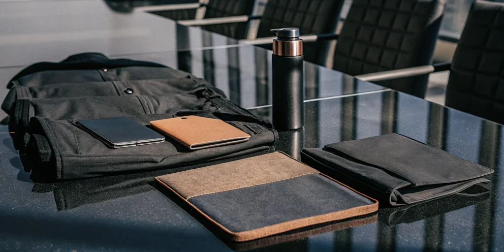 Premium branded merchandise items including custom embroidered jackets, notebooks, and drinkware arranged on a modern conference table
