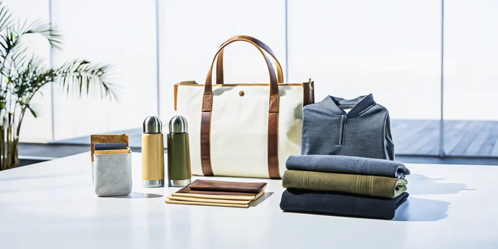 Professional branded merchandise display featuring custom tote bags, hoodies, drinkware, and sustainable promotional products on a modern corporate desk