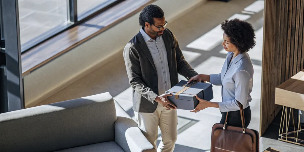 Professional receiving a branded merchandise gift box in a modern office setting