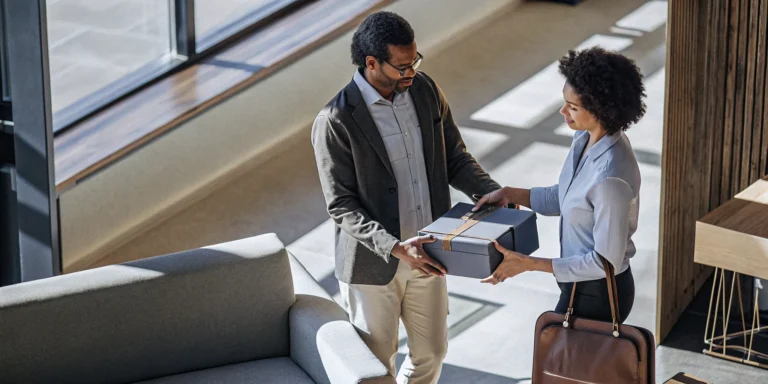 Professional receiving a branded merchandise gift box in a modern office setting