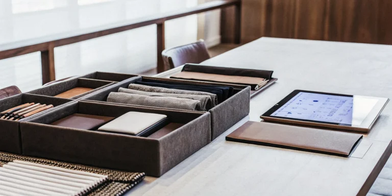 Professional corporate workspace with branded merchandise items including custom apparel, promotional products, and company store setup materials on a sleek modern table
