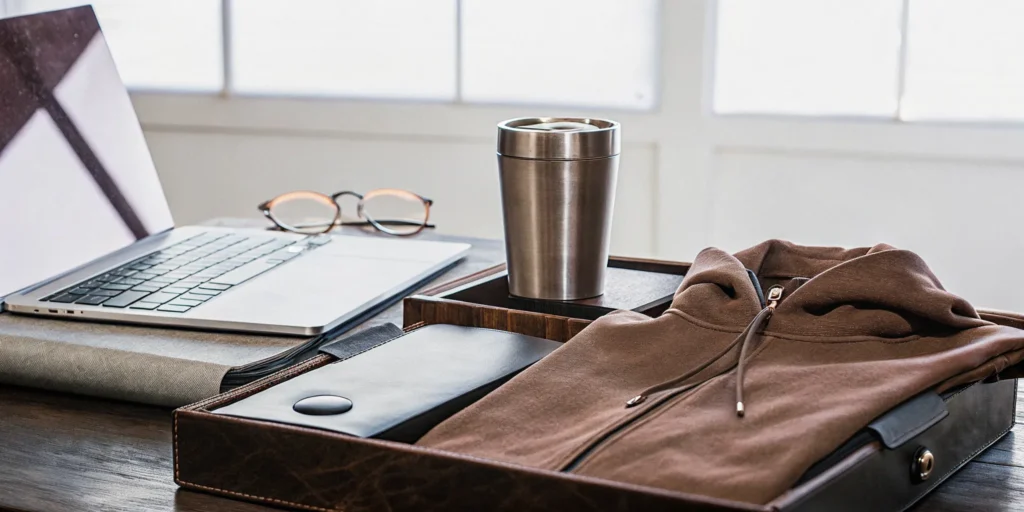 Professional branded tech company swag on a modern office desk