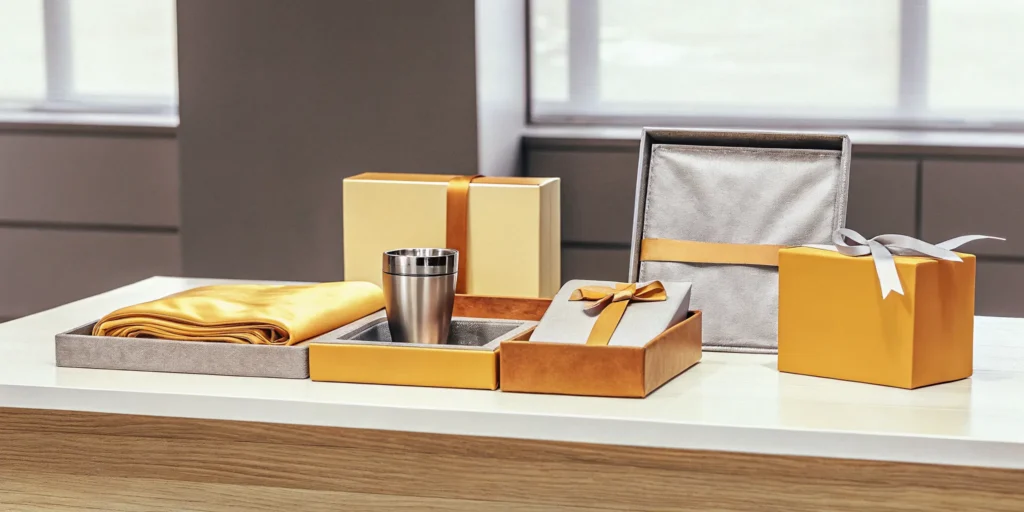 Premium custom corporate gifts on an office desk featuring branded apparel and drinkware