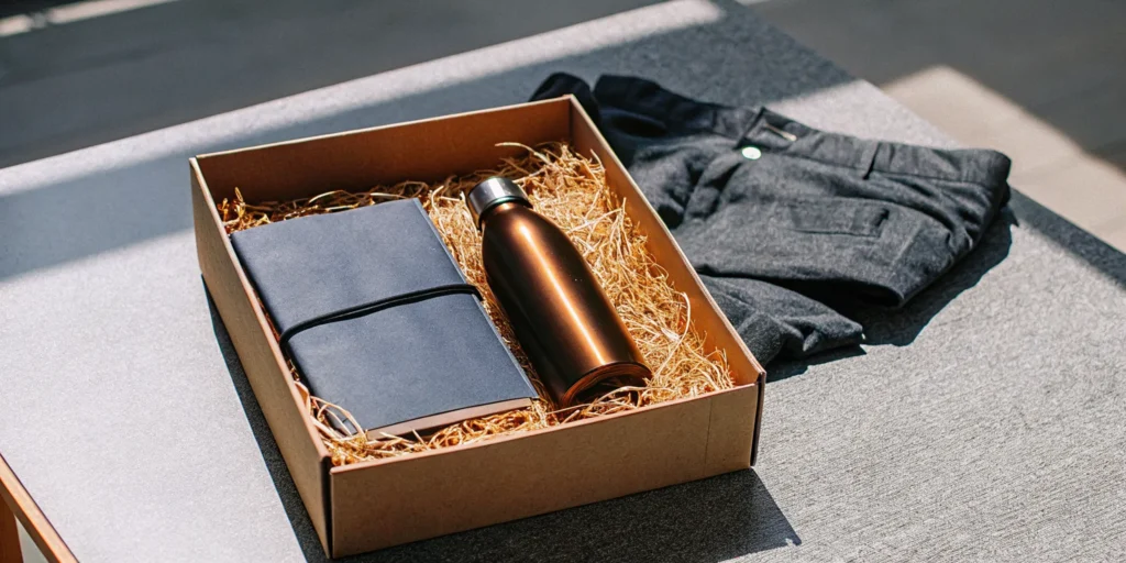 A beautifully styled custom employee onboarding kit welcome box on an office desk.