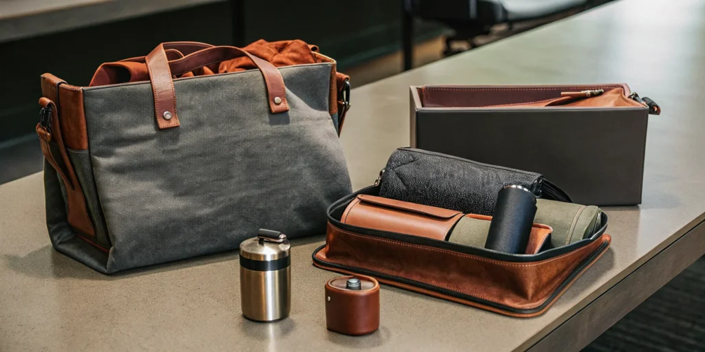 Professional branded event swag items arranged on a conference table including tote bags, drinkware, and tech accessories