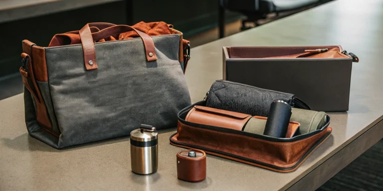 Professional branded event swag items arranged on a conference table including tote bags, drinkware, and tech accessories