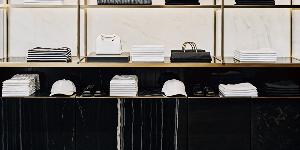 Professional branded merchandise catalog display featuring custom apparel and promotional products in a modern corporate setting