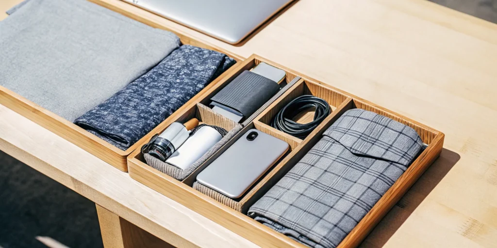 Professional corporate swag gift boxes with branded merchandise items on a clean desk
