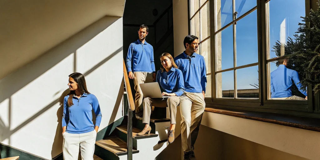 Professional corporate team wearing premium custom embroidered apparel in a modern office setting