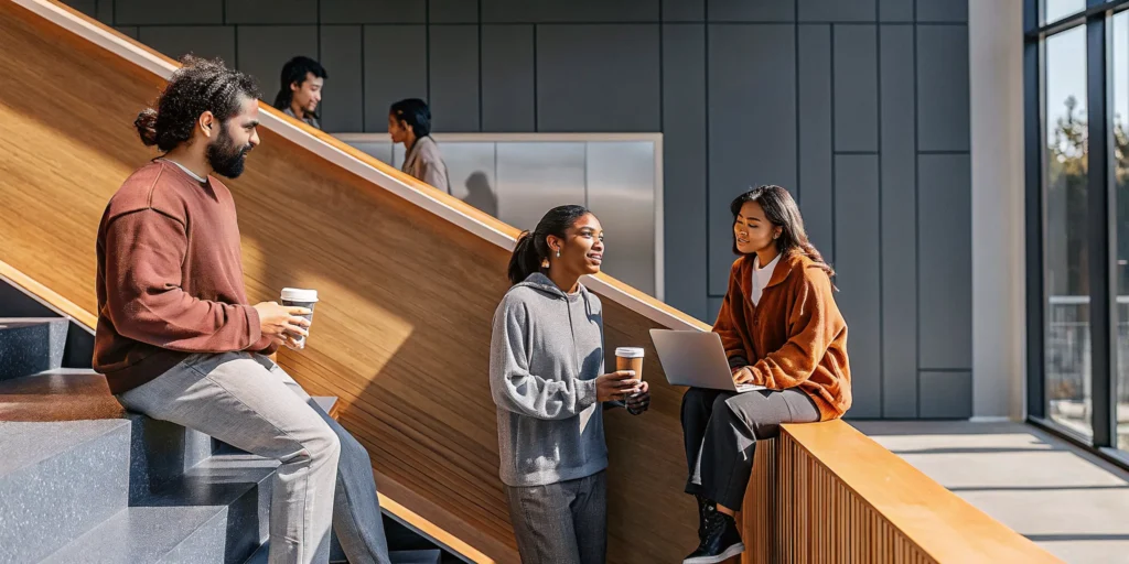 Modern tech employees wearing quality branded merchandise in a Silicon Valley office lobby