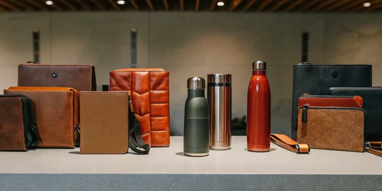 Assorted branded merchandise including custom apparel, drinkware, notebooks, and tech accessories on a clean surface