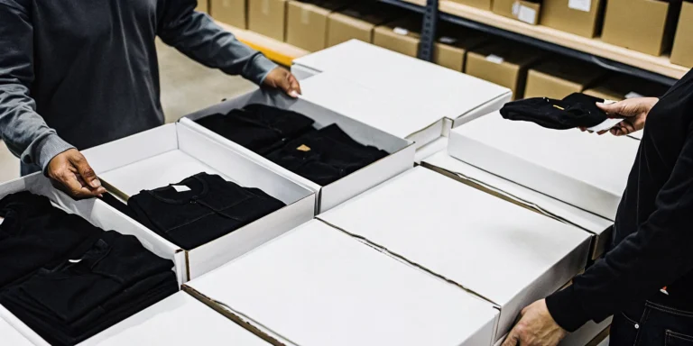 Workers assembling branded merchandise boxes at a clean fulfillment workstation with apparel and promotional items