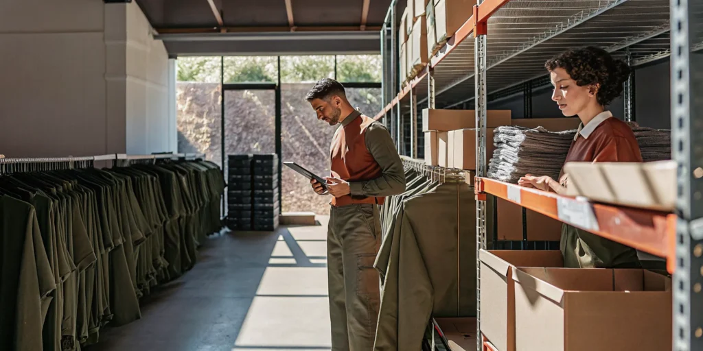 Workers kitting branded apparel and merchandise in a modern fulfillment warehouse