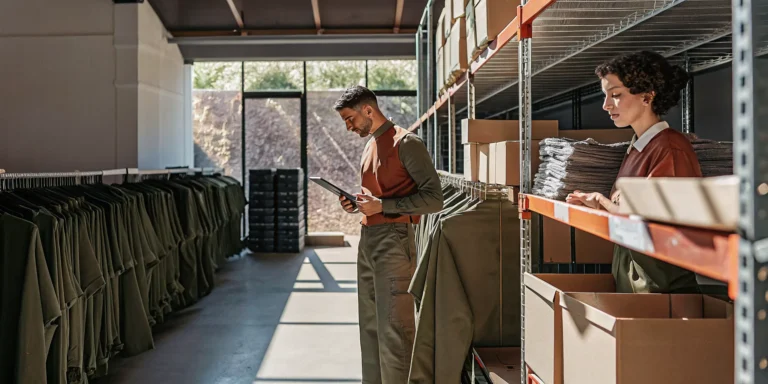 Workers kitting branded apparel and merchandise in a modern fulfillment warehouse