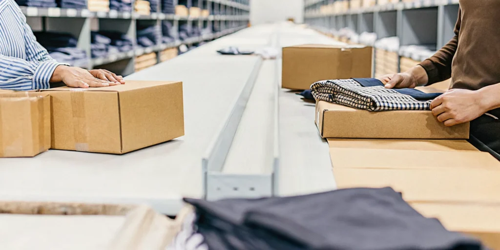 Workers packing branded apparel and merchandise in a modern fulfillment warehouse