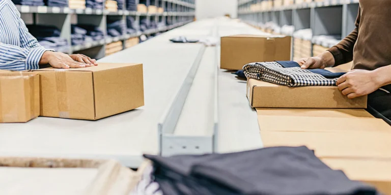 Workers packing branded apparel and merchandise in a modern fulfillment warehouse