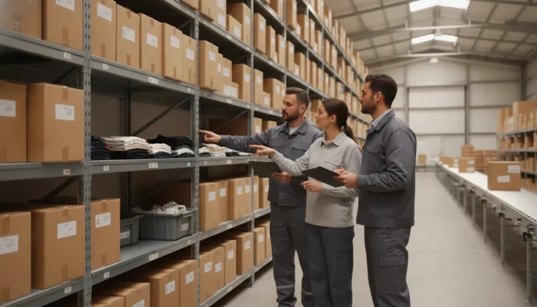 Warehousing team managing branded merchandise inventory and returns