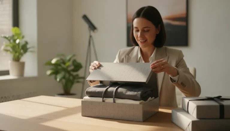 Premium corporate merchandise packaging with a branded unboxing presentation in a modern office