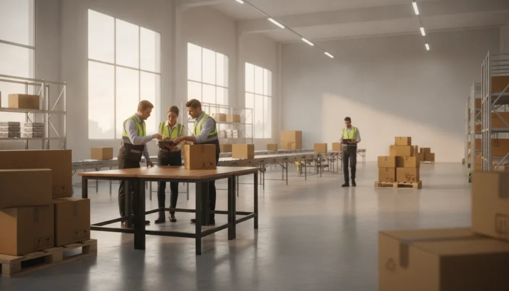 Logistics team coordinating branded merchandise shipments inside a modern fulfillment warehouse
