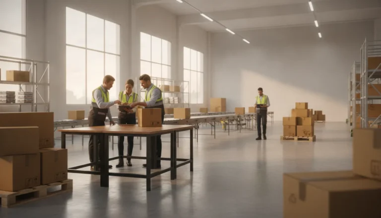 Logistics team coordinating branded merchandise shipments inside a modern fulfillment warehouse