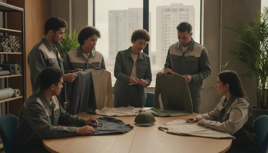 Enterprise team reviewing coordinated custom uniform apparel