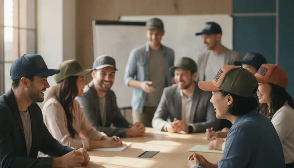 Custom company hats for businesses worn by a corporate team