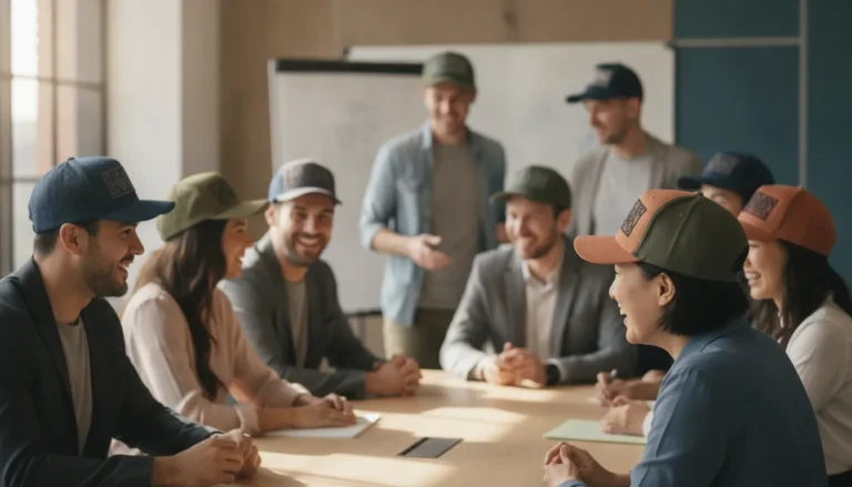 Custom company hats for businesses worn by a corporate team