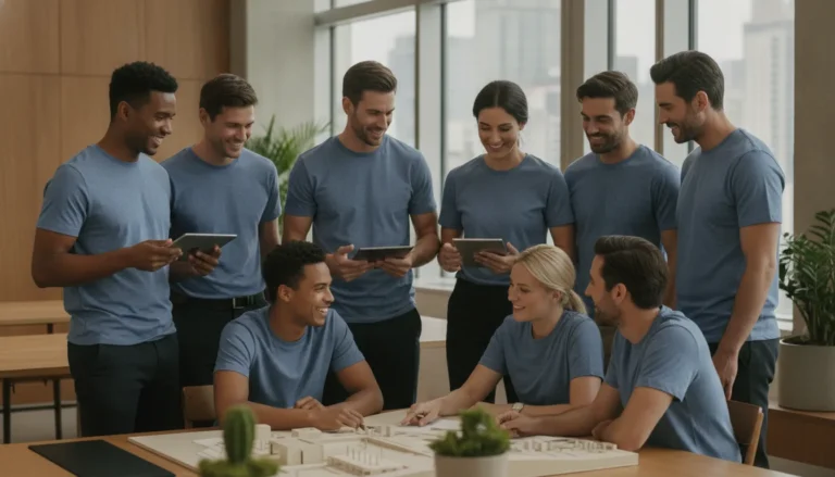 Corporate team wearing premium custom corporate t-shirts