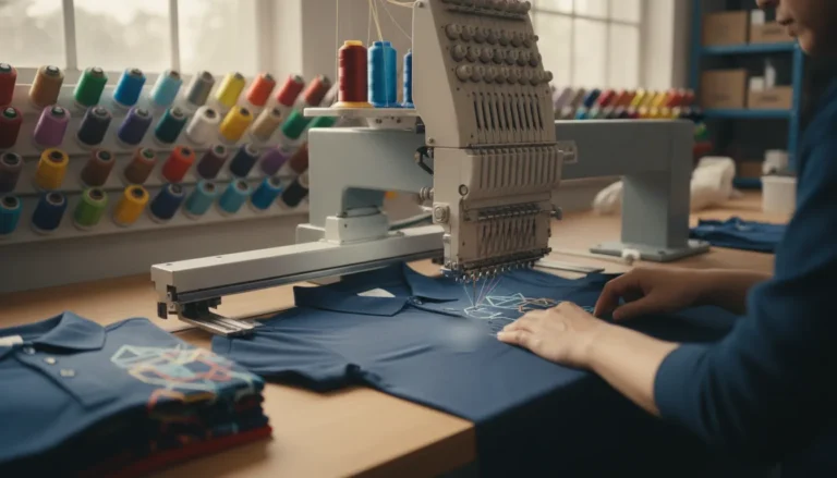 Professional embroiderer stitching a corporate logo onto a navy polo shirt on an industrial embroidery machine