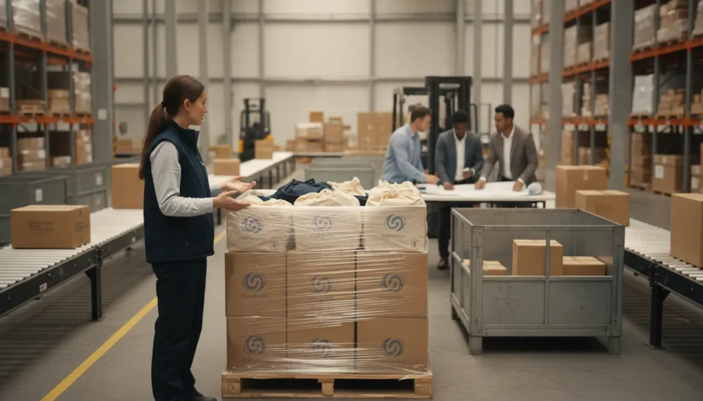 Logistics coordinator overseeing global promotional products distribution in a fulfillment warehouse