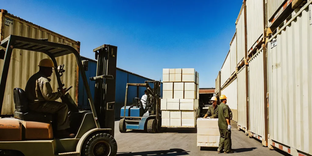 International logistics warehouse with branded merchandise boxes being prepared for global shipping