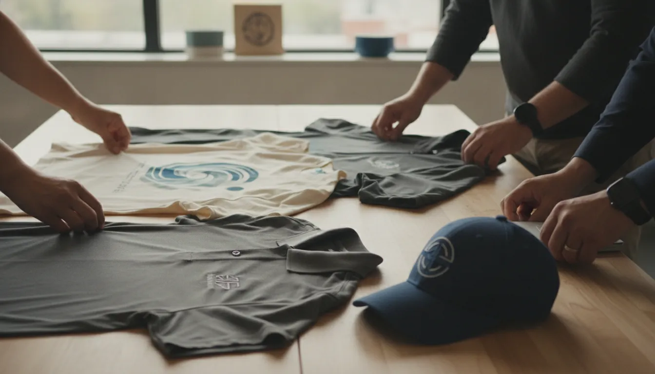 Corporate apparel assortment combining printed and embroidered decoration