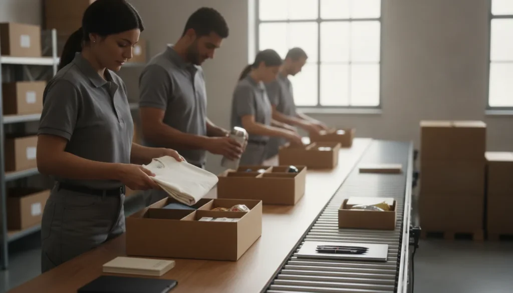 Warehouse workers assembling kitting kits at a fulfillment packing station