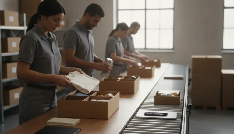 Warehouse workers assembling kitting kits at a fulfillment packing station