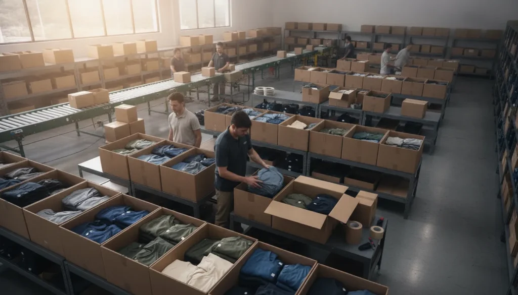 Warehouse staff preparing branded merch orders for shipment