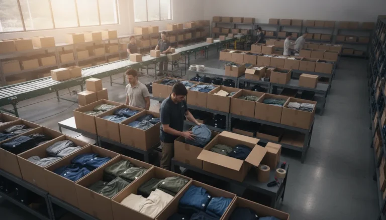 Warehouse staff preparing branded merch orders for shipment