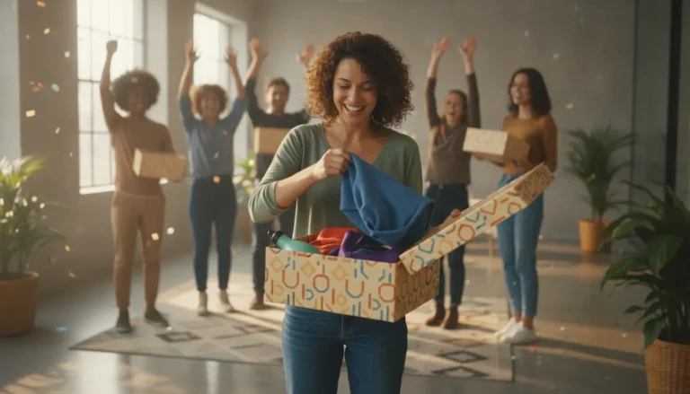 Employee unboxing a branded swag gift package in a bright modern office