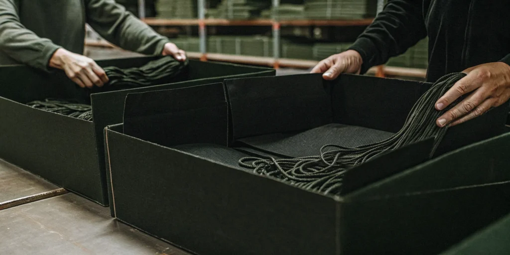 Corporate event swag kits being assembled in a fulfillment warehouse