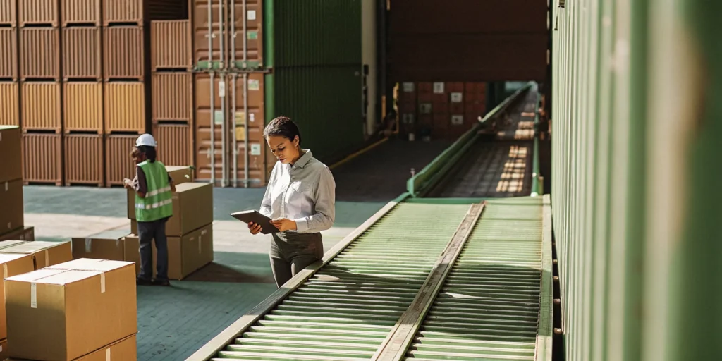 Logistics coordinator reviewing branded apparel shipment at a distribution warehouse