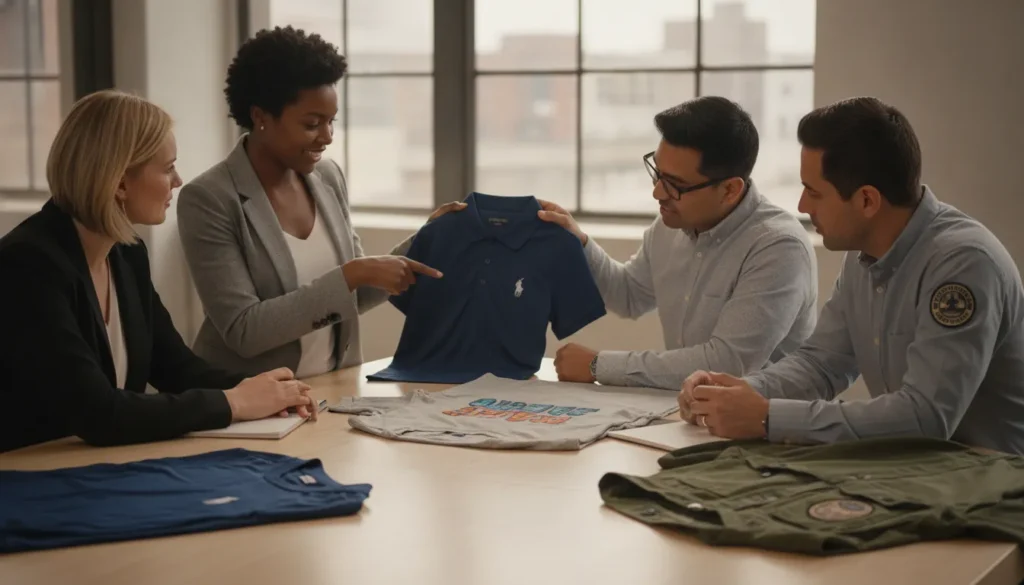 Corporate apparel samples with embroidered and printed decoration