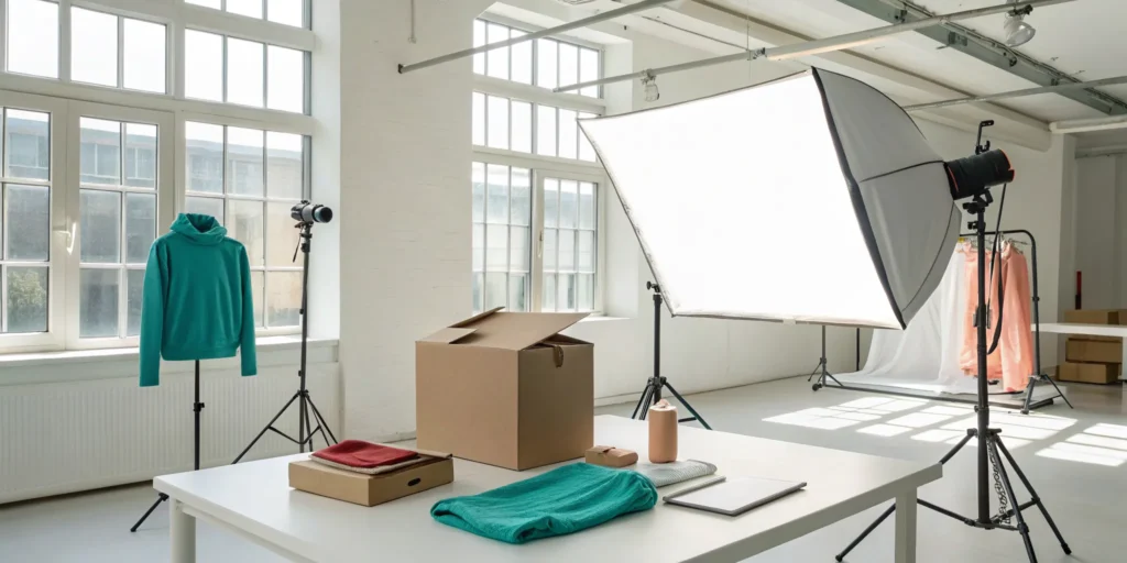 Branded merchandise fulfillment center with custom apparel and packaging boxes.