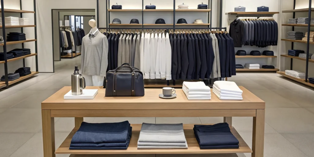 A corporate apparel store with branded jackets, shirts, and accessories neatly organized on display.