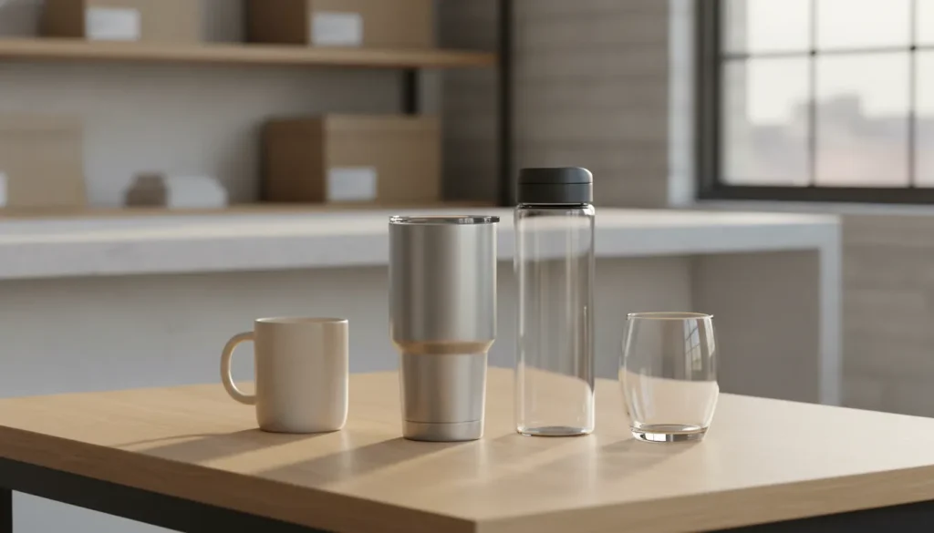 Curated corporate drinkware collection in a modern workspace