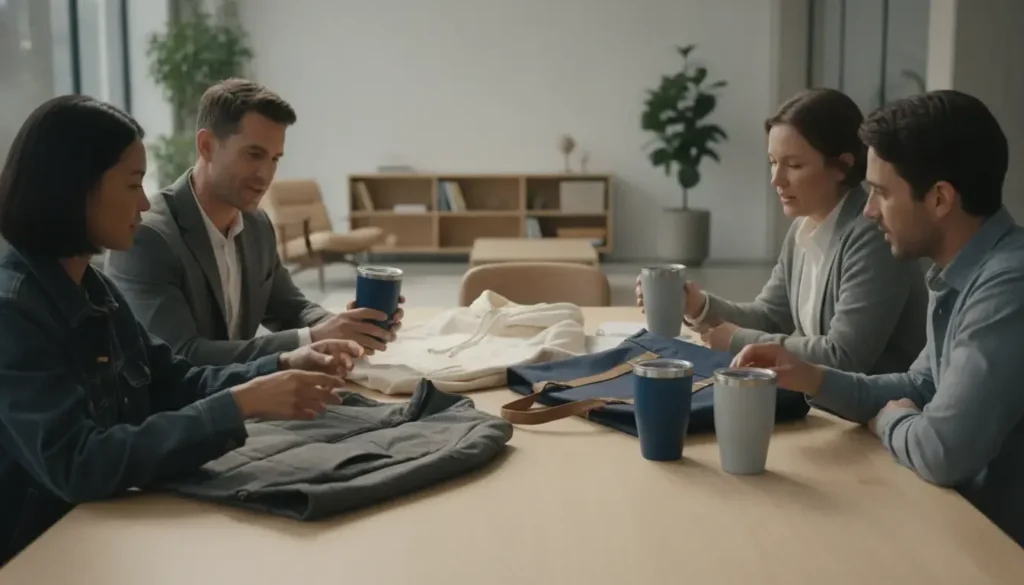 Business team comparing quality branded merchandise for a corporate program